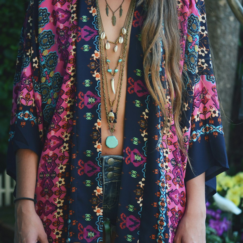 Kimono long fleuri rose